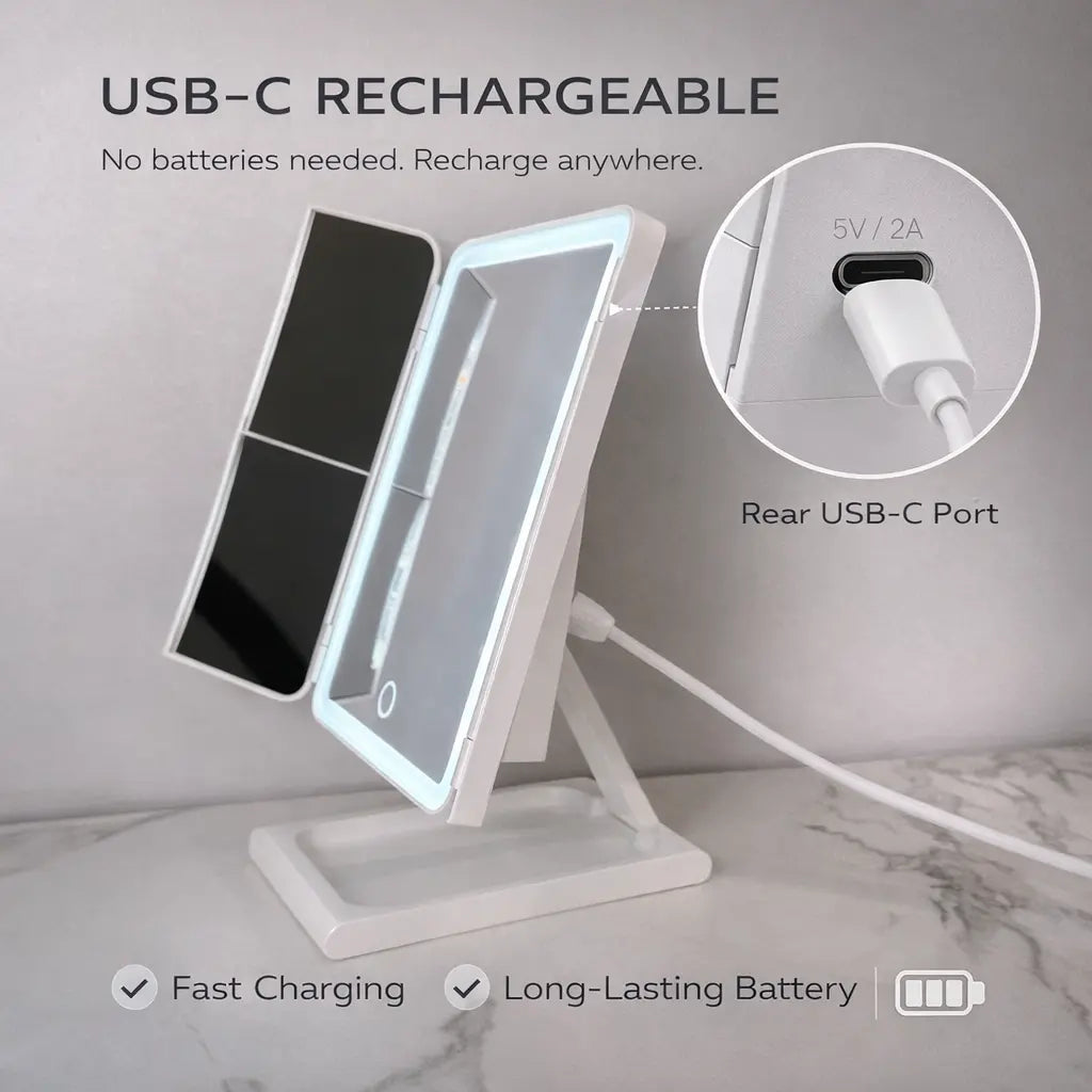ALVANE Tri-Fold LED Vanity Mirror | 2X/5X Precision Magnification • 3 Light Modes • USB-C Rechargeable for Modern Beauty Routines