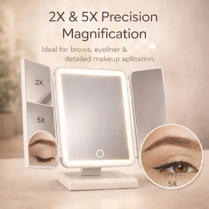 ALVANE Tri-Fold LED Vanity Mirror | 2X/5X Precision Magnification • 3 Light Modes • USB-C Rechargeable for Modern Beauty Routines
